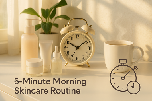 Morning skincare products, vintage alarm clock, coffee cup, and plant on sunlit surface for 5-minute routine