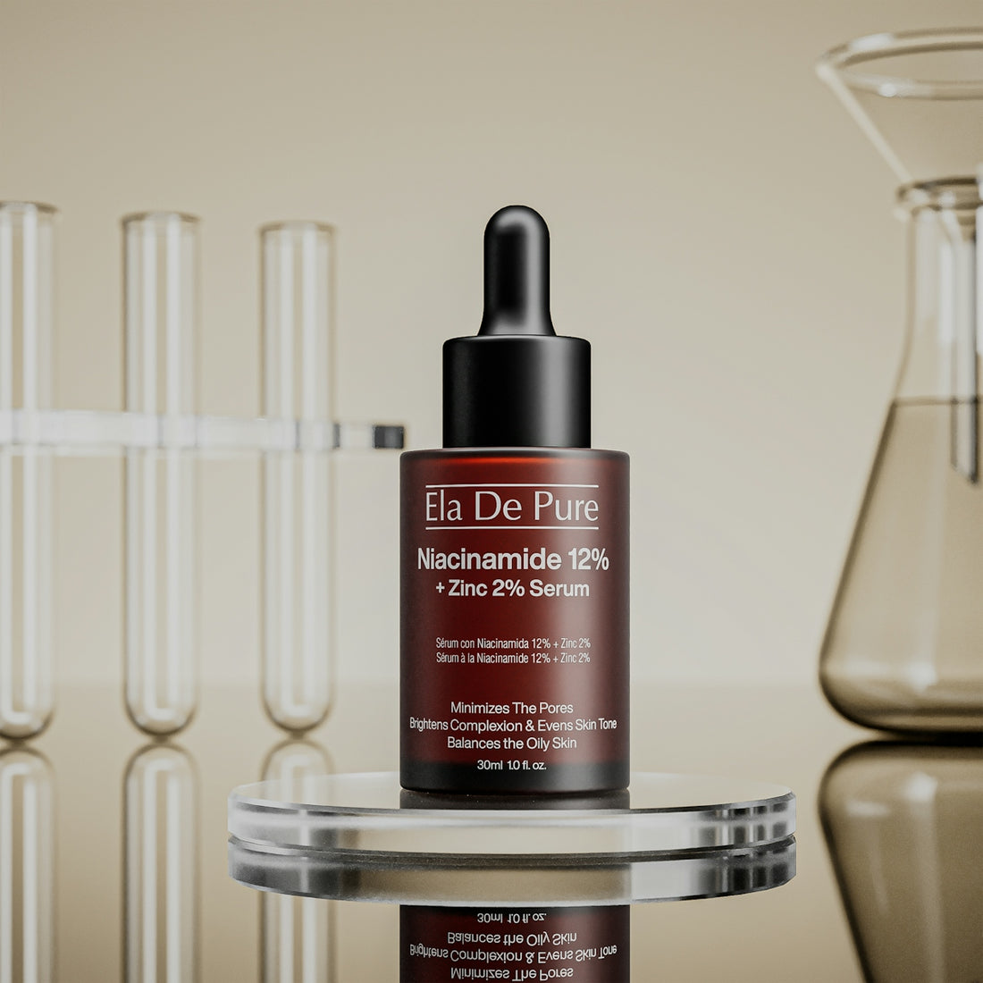 Niacinamide serum bottle with lab equipment