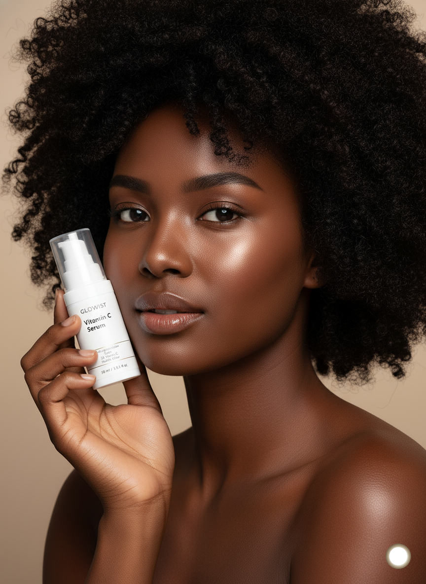 Close-up of woman with glowing skin holding Glowist Vitamin C Serum bottle