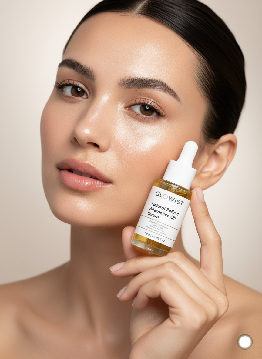 Close-up of woman with glowing skin holding Glowist natural retinol alternative oil serum bottle