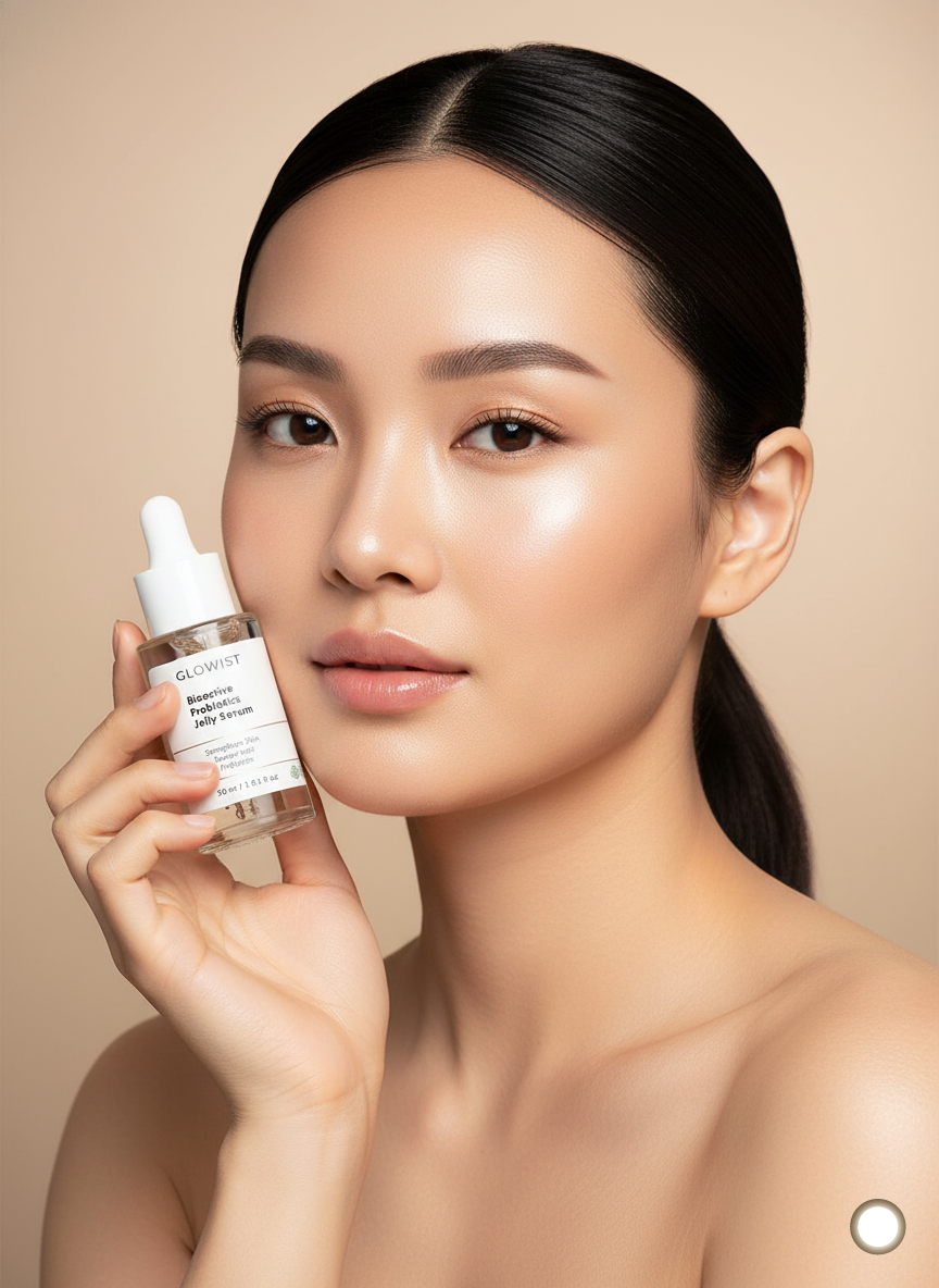 Young woman with glowing skin holding Glowist Biocative Probiotics Jelly Serum bottle