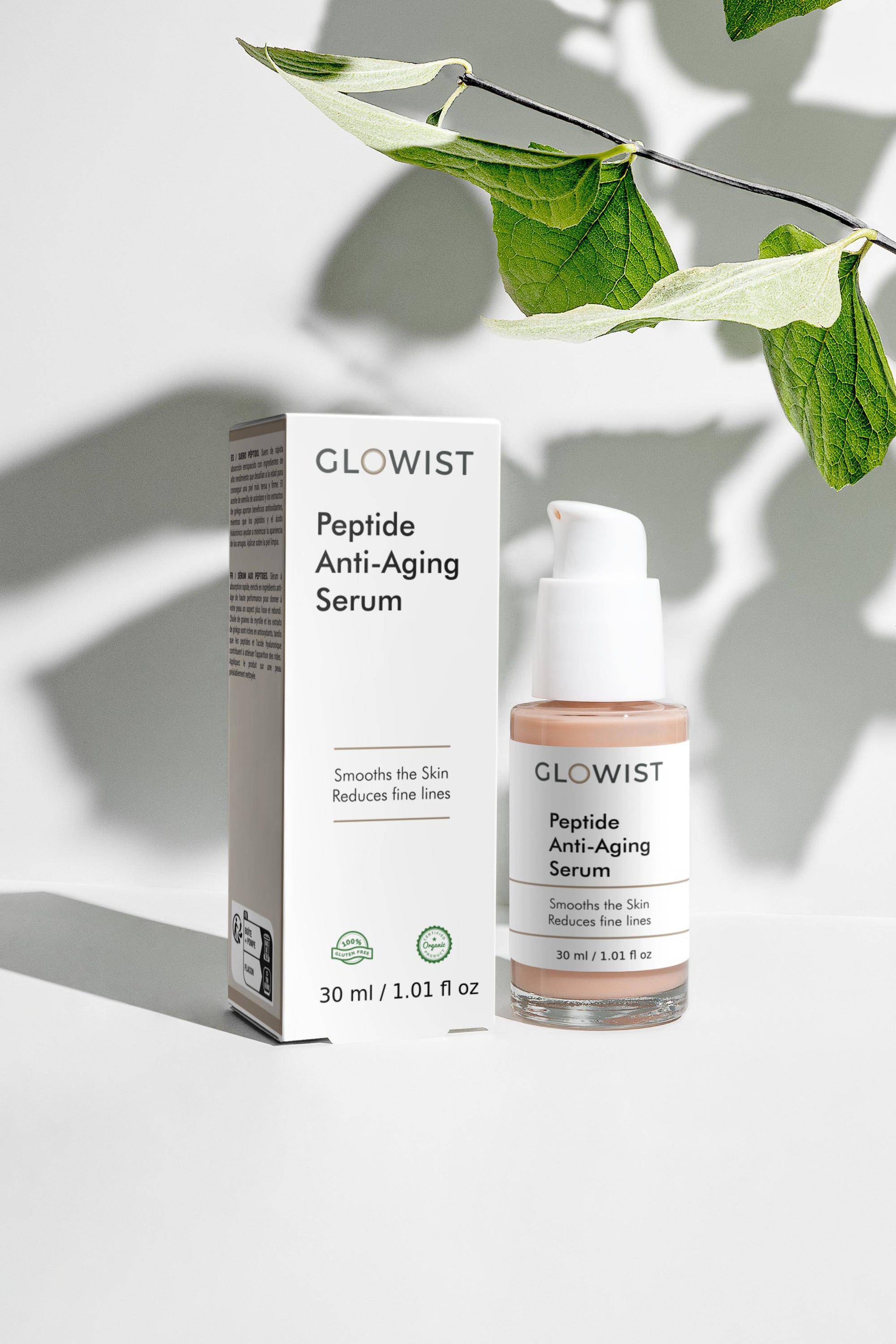 GLOWIST Peptide Renewal Serum with Hyaluronic Acid in a sleek bottle, showcasing its hydrating and rejuvenating properties.