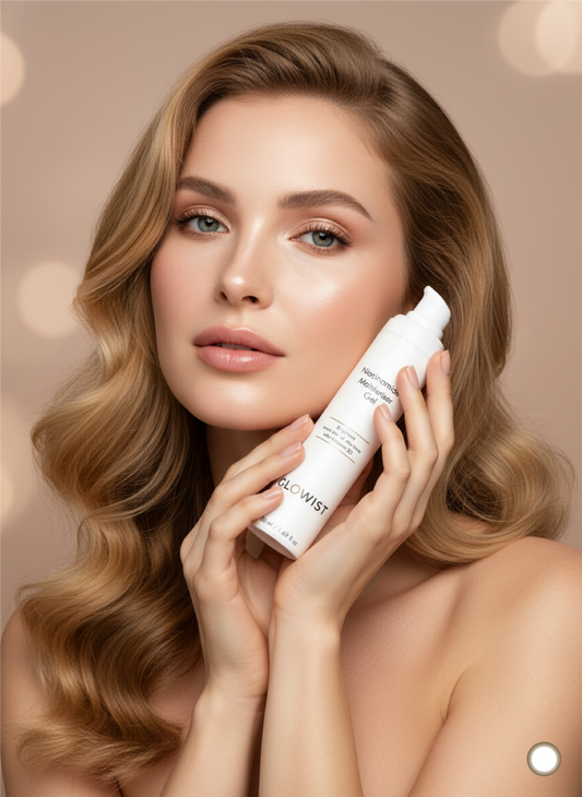 Portrait of woman with flawless skin holding Glowist Niacinamide Moisturizer Gel bottle